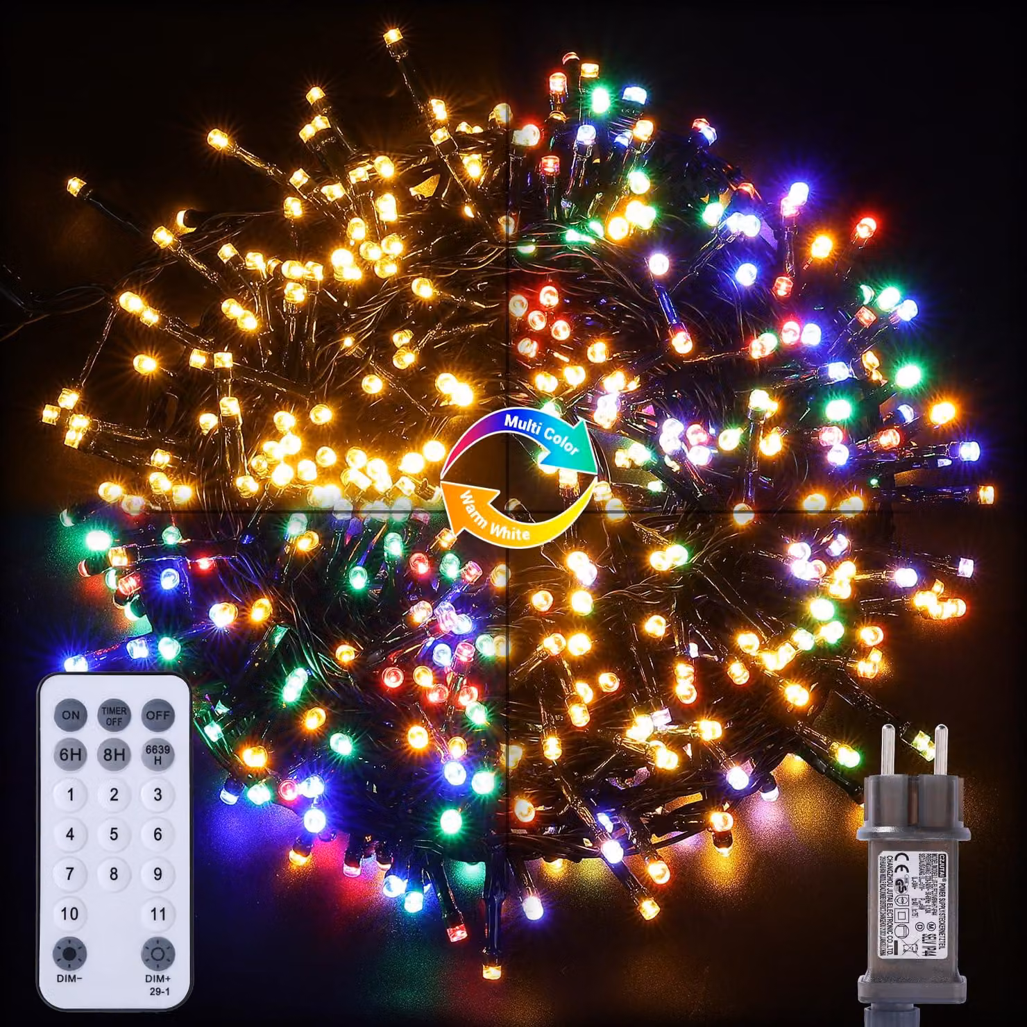 Catena luminosa da 6 metri, con 300 LED colorati, dimmerabile, con timer, grado di protezione IP44