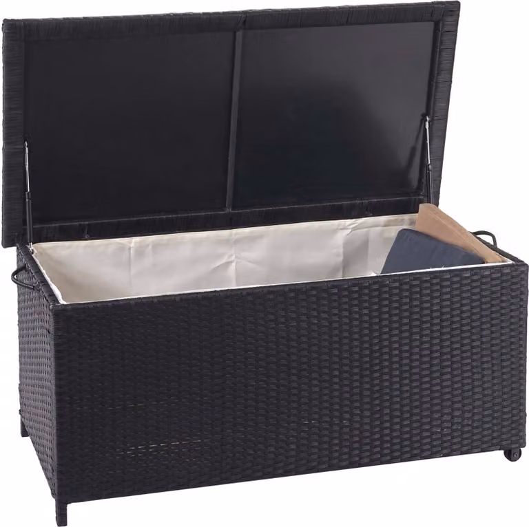 Cassetta per cuscini in poly-rattan HWC-D88, cassapanca per cuscini da giardino ~ Premium nero, 51x100x50cm 170l