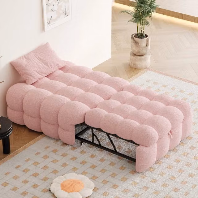 Letto Singolo Imbottito con Pouf ¨C MINIMAL ¨C Tessuto Teddy Rosa