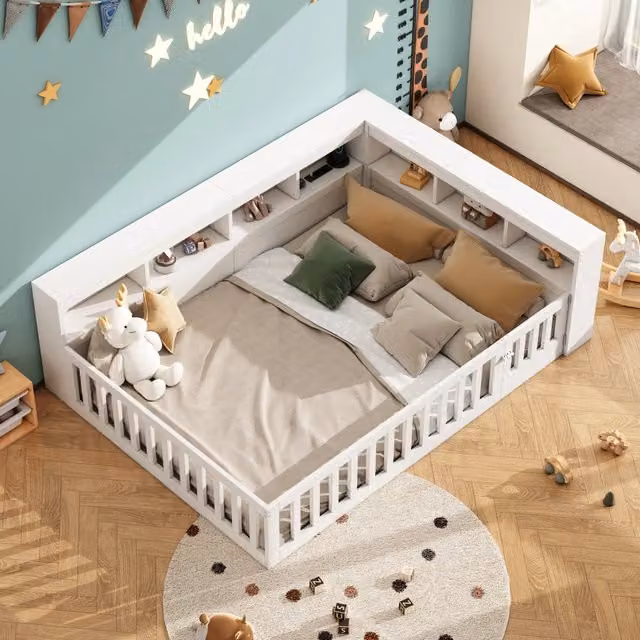 Letto divano matrimoniale OKWISH bianco con ripiani laterali e porta USB, L/P/H: 140 x 200 x 70 cm