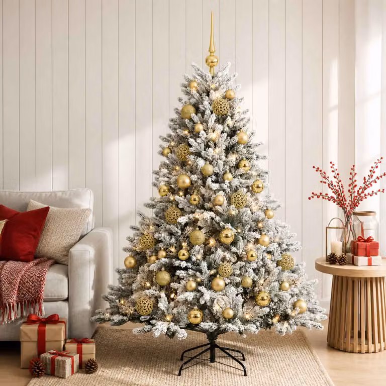 Albero di Natale artificiale moderno vidaXL verde con 150 LED bianco caldo e decorazioni con palline bianche, Altezza: 150 cm