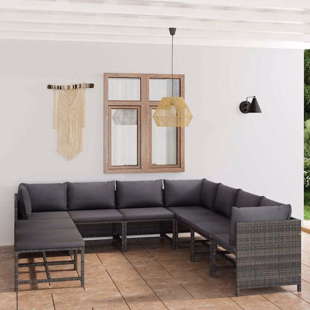 vidaXL Set Divani da Giardino 9 pz a Forma a U in Polyrattan Grigio Antracite con Cuscini e Ottoman – 1