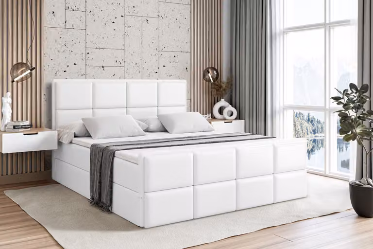 Letto boxspring ALTDECOR con pediera, materasso H4 e topper - 140x200 cm - NOVA-Z - Pelle finta bianca - Letto imbottito con contenitore e rete a doghe, letto con spazio contenitivo