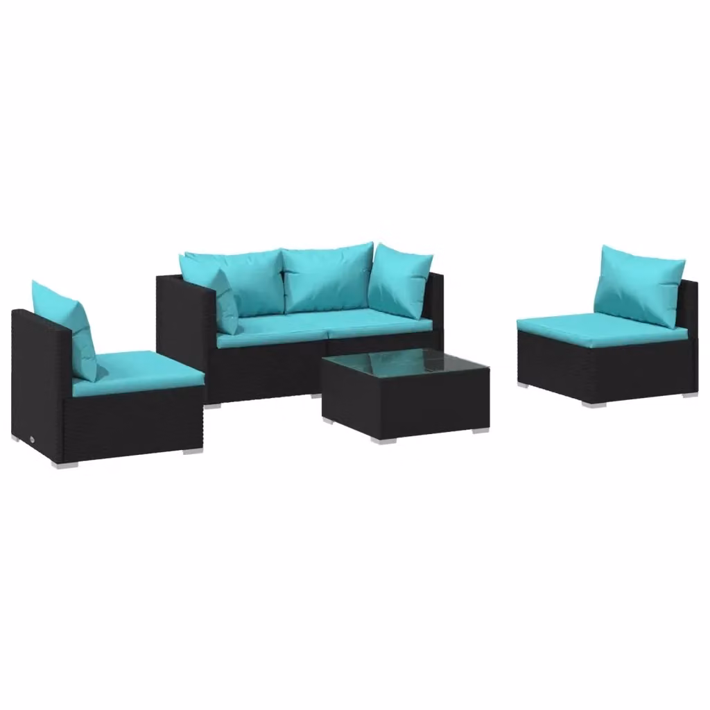 Set Divani da Giardino vidaXL 5 Pezzi con Cuscini Blu e Tavolino da Esterno in Polyrattan e Acciaio Nero – 2
