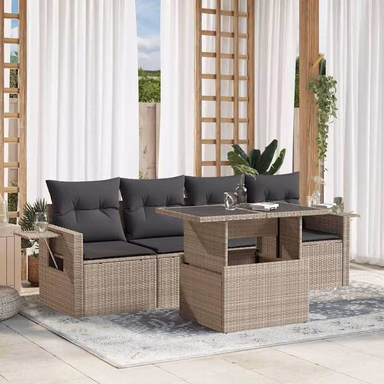 Set Divano da Giardino 5 Pezzi vidaXL con Cuscini Antracite e Tavolino in Vetro con Struttura in Acciaio e Polyrattan
