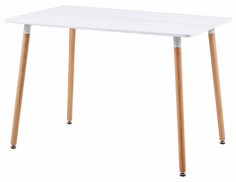 Tavolo da pranzo rettangolare, stile scandinavo, dimensioni 110x70x74 cm, colore bianco, realizzato in MDF e legno di faggio