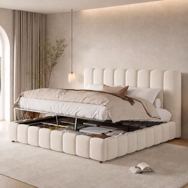 Letto imbottito 160x200 cm con contenitore a sollevamento idraulico, rete a doghe e testiera imbottita, rivestito in velluto, capacità di carico fino a 300 kg, colore beige
