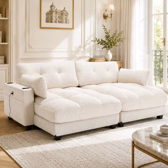 Divano Modulare L-Shape REDOM in Velluto Beige con Portabicchieri e Ricarica USB, L/P/H: 224 x 140 x 81 cm