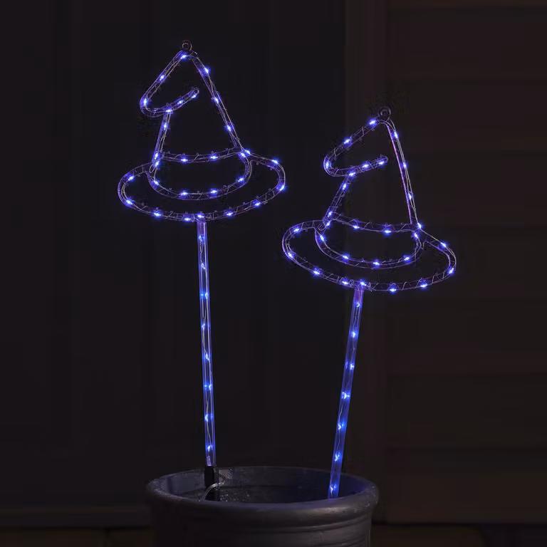 Set di 2 cappelli da strega per Halloween, color viola, con 74 LED, ideali per l'esterno
