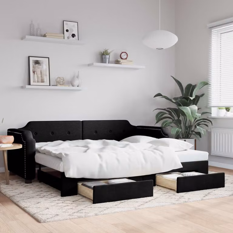 vidaXL Divano Letto Estraibile con Cassetti in Tessuto Nero L/P/H: 200 x 80 x 66,5 cm