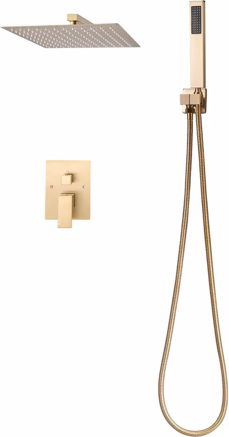 SucceBuy miscelatore doccia a pioggia per il bagno con soffione a pioggia quadrato da 305 mm e doccetta, set doccia a parete con valvola e finiture in ottone, oro spazzolato