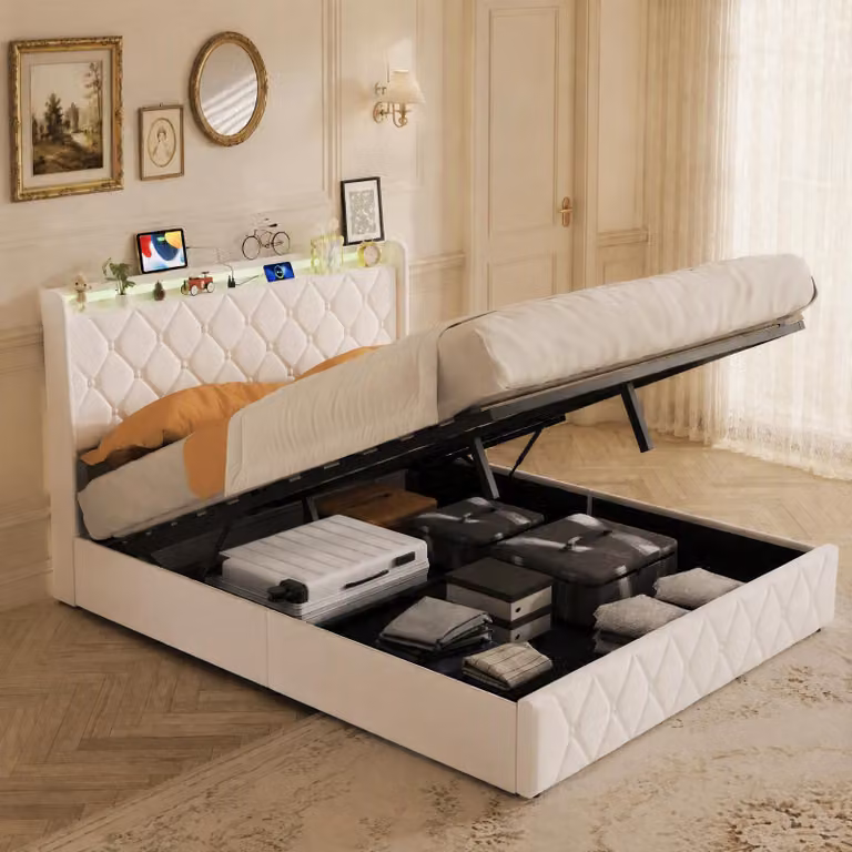 Letto imbottito INONEFT, 140x200 cm, con contenitore, letto per ragazzi con LED e prese di corrente, letto singolo con rete a doghe e spazio contenitivo nella testiera, in velluto, color beige
