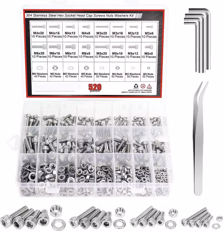 Assortimento di bulloni e dadi in acciaio inossidabile (M3–M6, 520 pezzi in argento)
