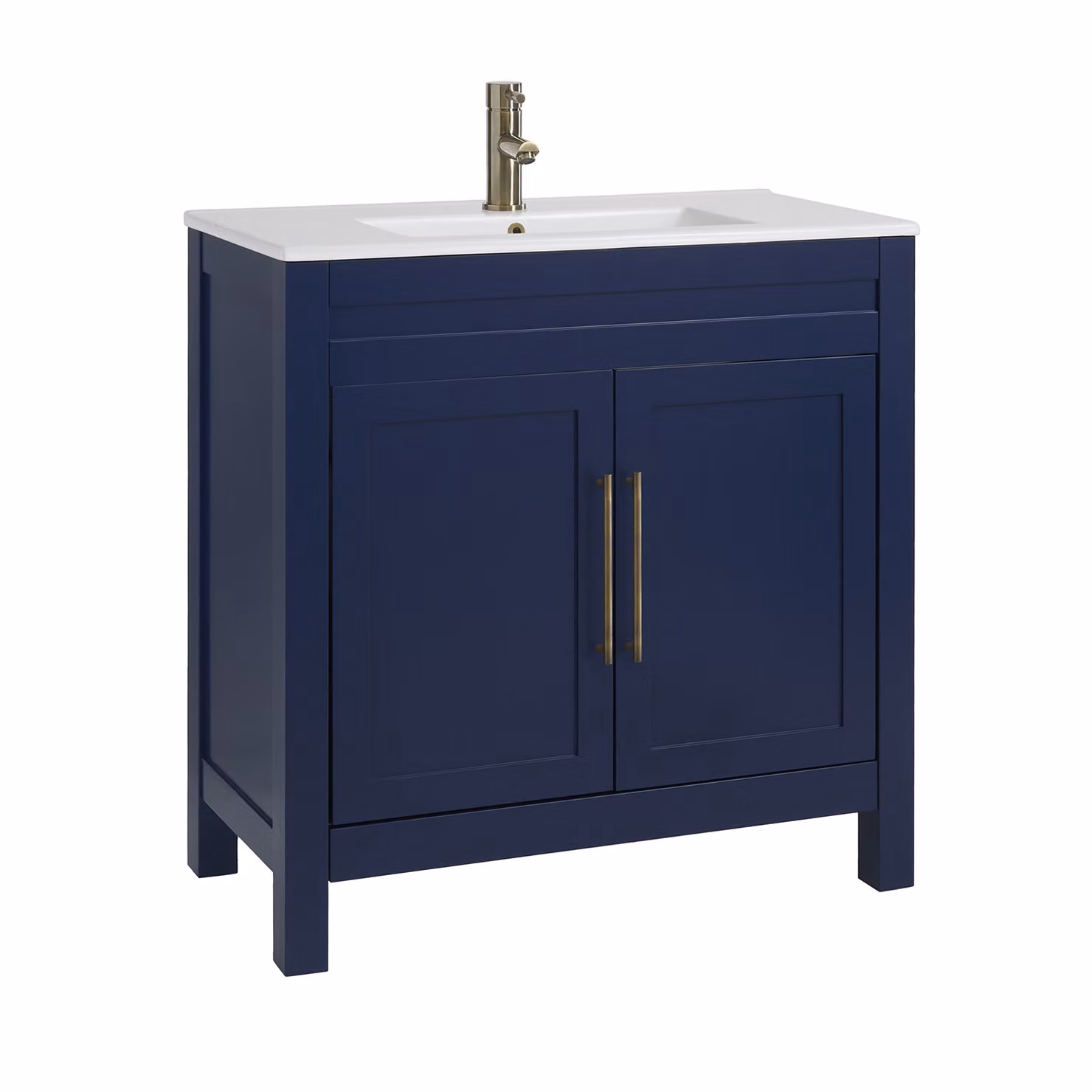 Mobile Bagno Blu Marino da 810mm con Lavabo e Maniglie Moderne con Barra a T in Ottone Spazzolato - Warwick