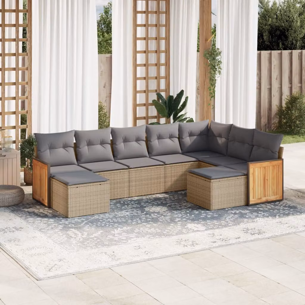 vidaXL Set Divano da Giardino a L 9 pz in Polyrattan con Cuscini Beige e Struttura in Legno di Acacia – 1