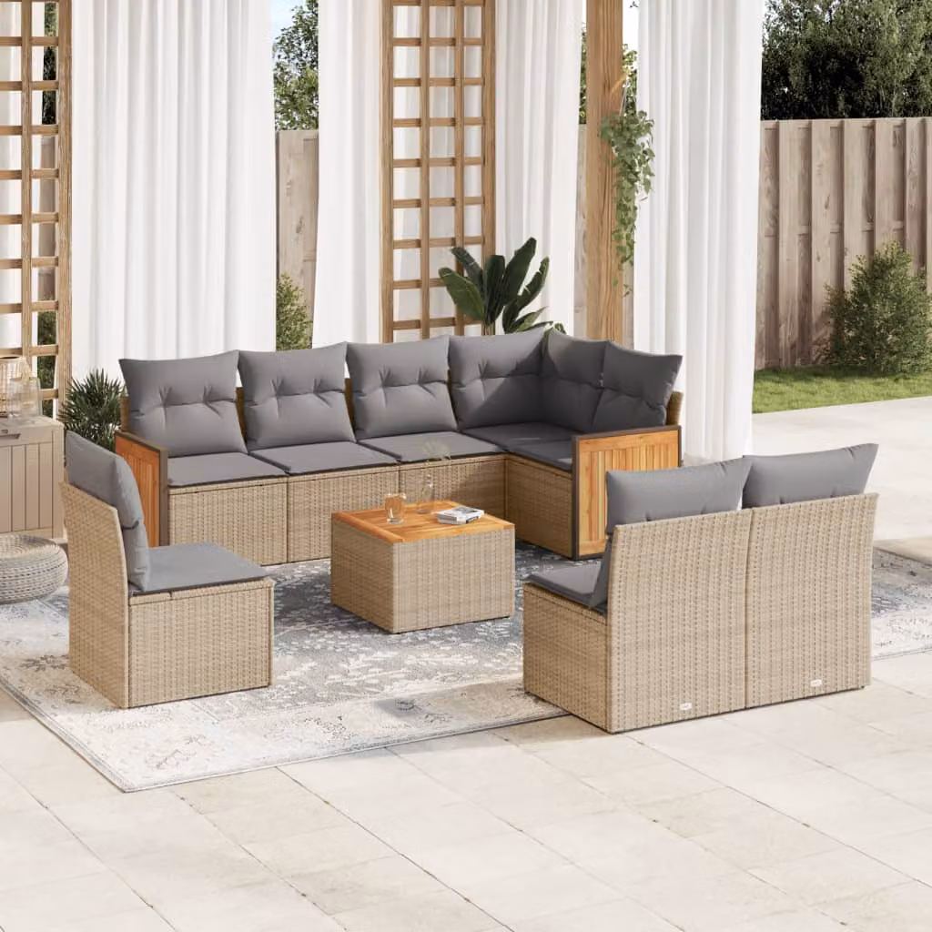 vidaXL Set Divano da Giardino a L 9 pz in Polyrattan con Cuscini Beige e Tavolino da Esterno – 1