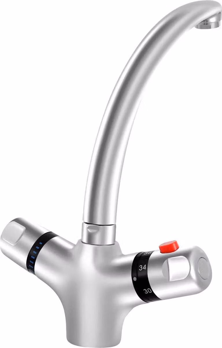 Rubinetto da cucina - Miscelatore termostatico - 2 maniglie - 20–50 °C - Bocca girevole a 360° - Altezza 23 cm - Aeratore 24 mm - Argento