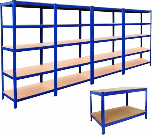 Set Monster Racking composto da 4 scaffali e un banco da lavoro in acciaio e legno, colore blu, L/P/H: 120 x 60 x 200 cm – 1