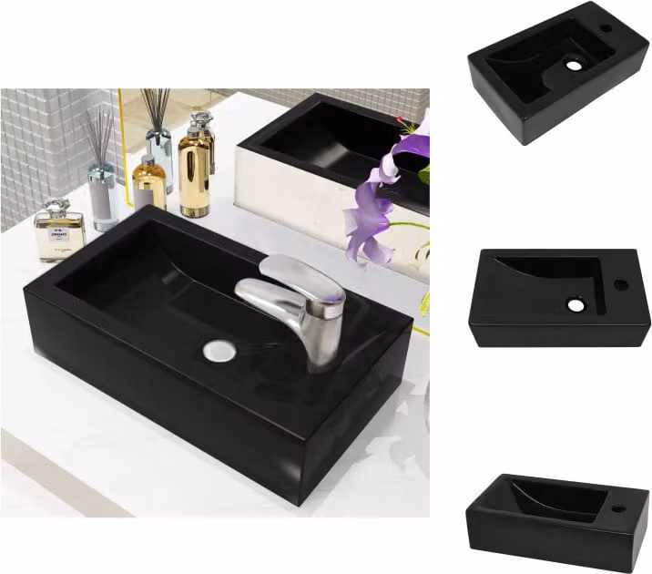 vidaXL Lavabo rettangolare + foro per rubinetto in Vetroceramica nera 46x25,5x12 cm - Lavabo bagno