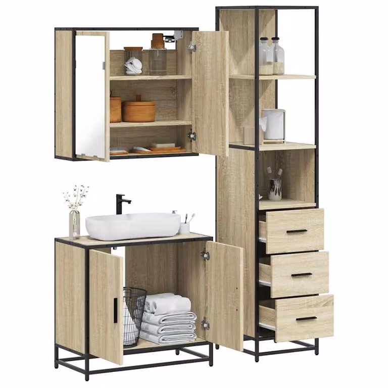 Set di mobili da bagno industrial vidaXL in legno e metallo marrone composto da 3 pezzi con armadietto specchio, mobile lavabo e colonna alta