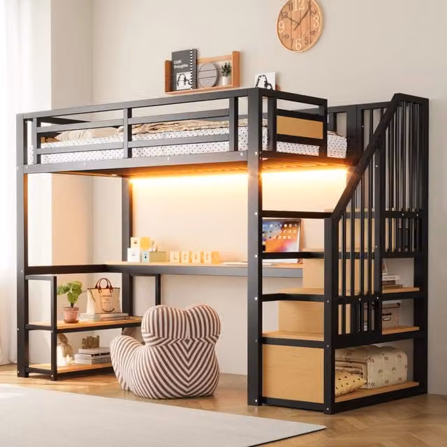 Letto rialzato in metallo nero 90×200 cm con scrivania, ripiani, scala contenitore, sponde, luce LED e presa, senza materasso