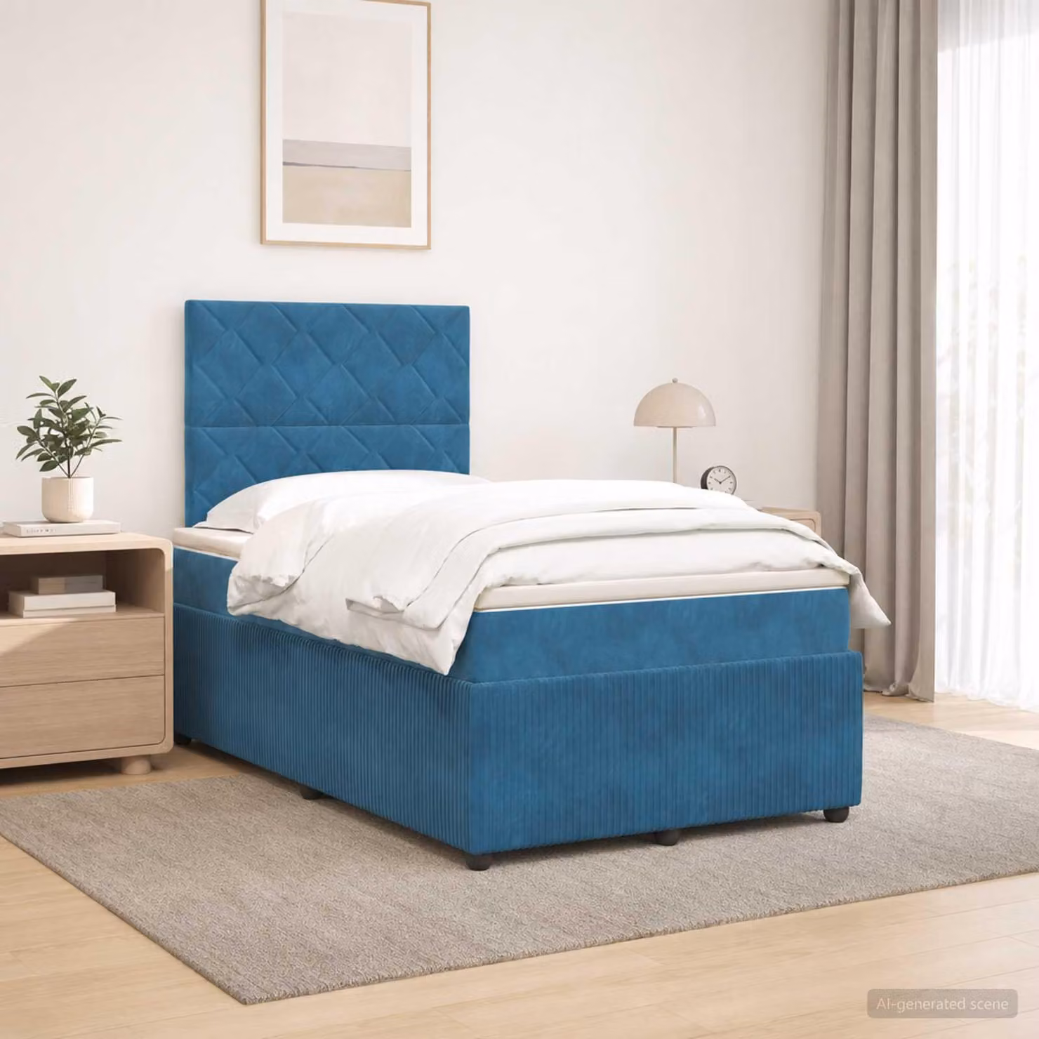 Letto matrimoniale con boxspring e materasso, imbottitura in velluto, con testiera blu, dimensioni 120 x 190 cm