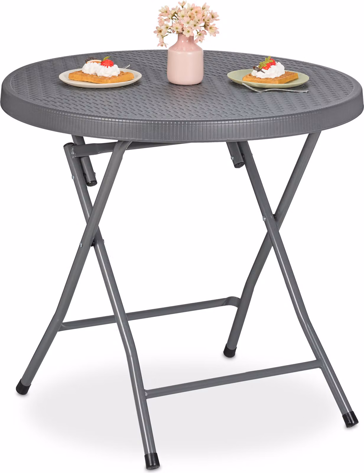 Tavolo da giardino Relaxdays, pieghevole, A x P: 74 x 80 cm, effetto rattan, plastica e acciaio, resistente alle intemperie, tavolo da balcone rotondo, grigio