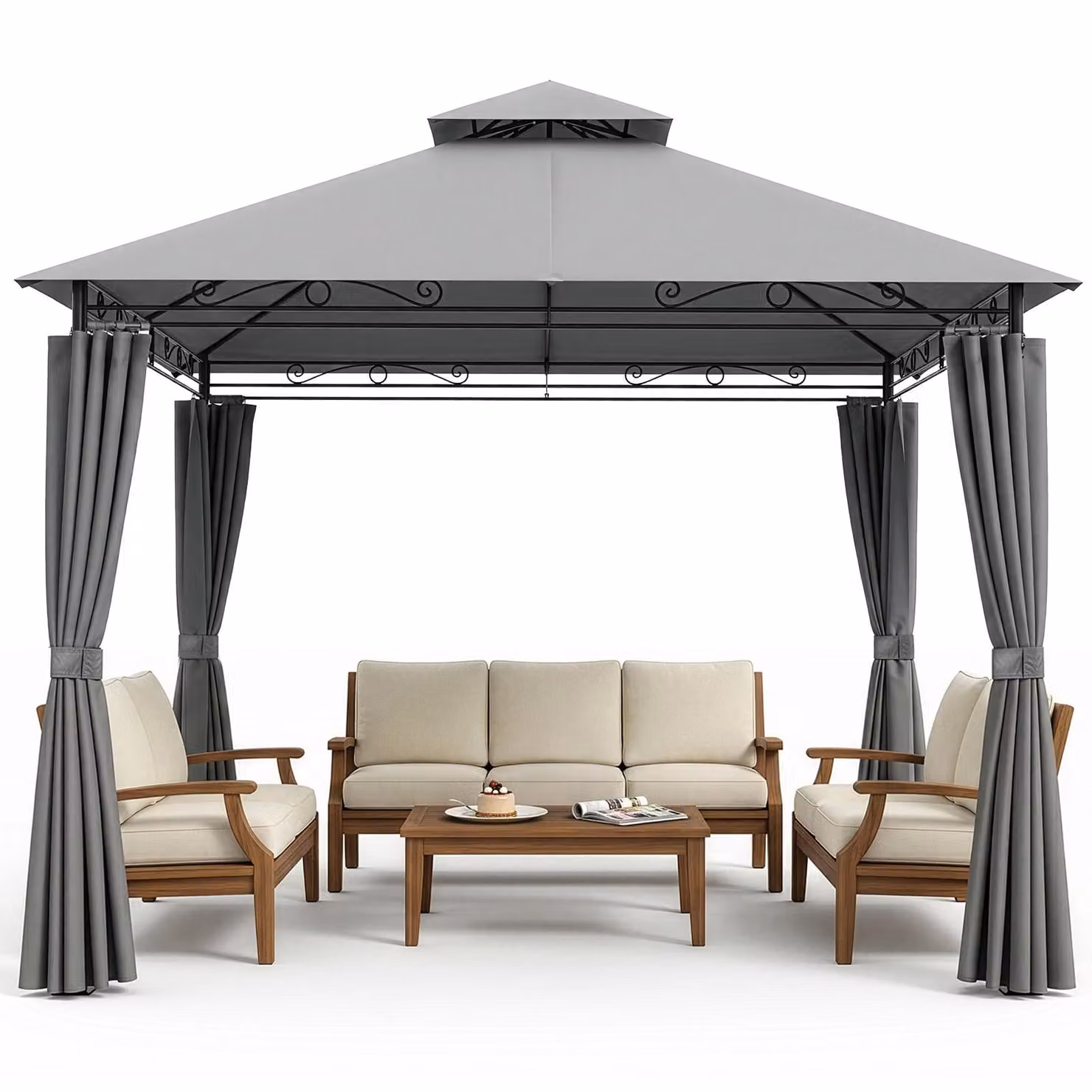 FCH Padiglione da terrazza, padiglione da giardino 3x3 m con doppio tetto e tende, resistente alle intemperie, protezione UV 50+, per feste, terrazze, balconi e giardini, grigio