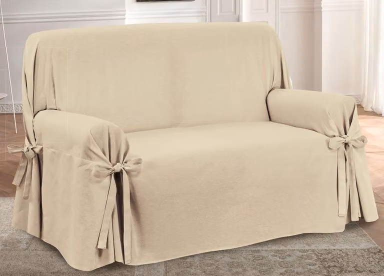 Copertura per divano a 3 posti, color beige, con lacci per la chiusura, lavabile, ideale per il soggiorno