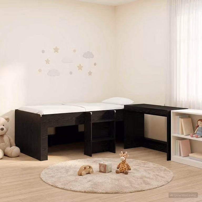 Letto a soppalco esclusivo con scrivania per bambini, finitura nera effetto legno di quercia