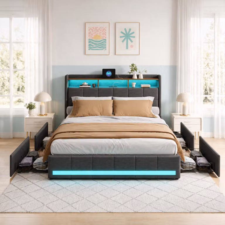 Letto imbottito INONEFT, 140x200 cm, tessuto in lino, colore grigio. Letto matrimoniale con 4 cassetti e illuminazione LED. Testiera con spazio contenitivo e porta USB Type-C. Letto funzionale per ragazzi, completo di rete