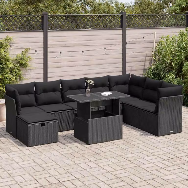 Set di divani da giardino vidaXL in polyrattan nero con cuscini per 9 persone