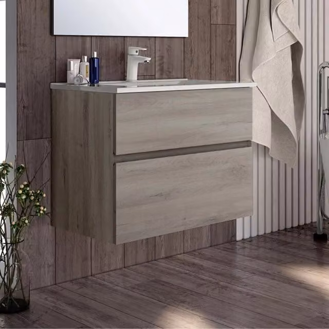 Mobile bagno sospeso Effezeta Italia Londres con due cassetti, colore rovere grigio, L: 70 cm, P: 45 cm, H: 59 cm