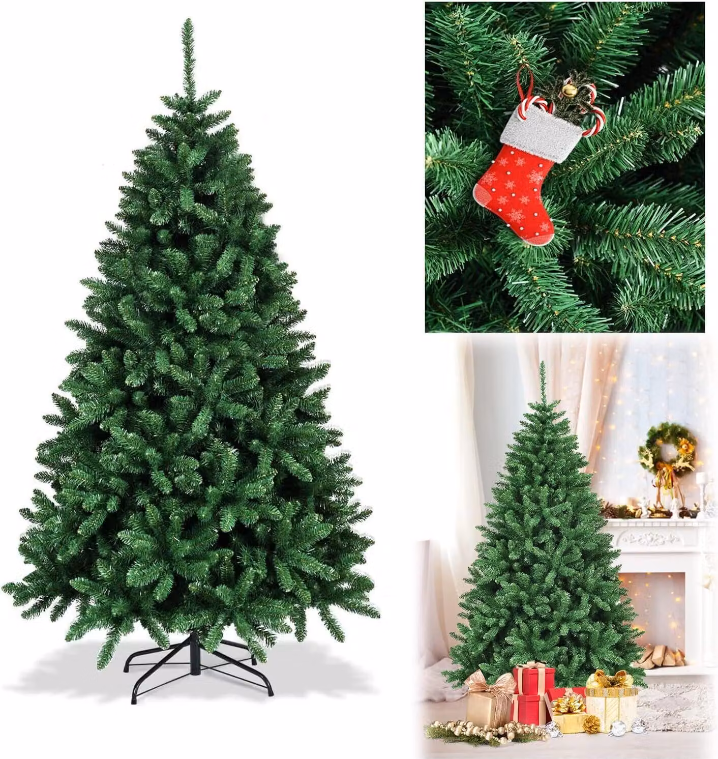 COSTWAY Albero di Natale da 180 cm, albero di Natale artificiale in PVC, albero di Natale con supporto in metallo pieghevole, con 1355 punte