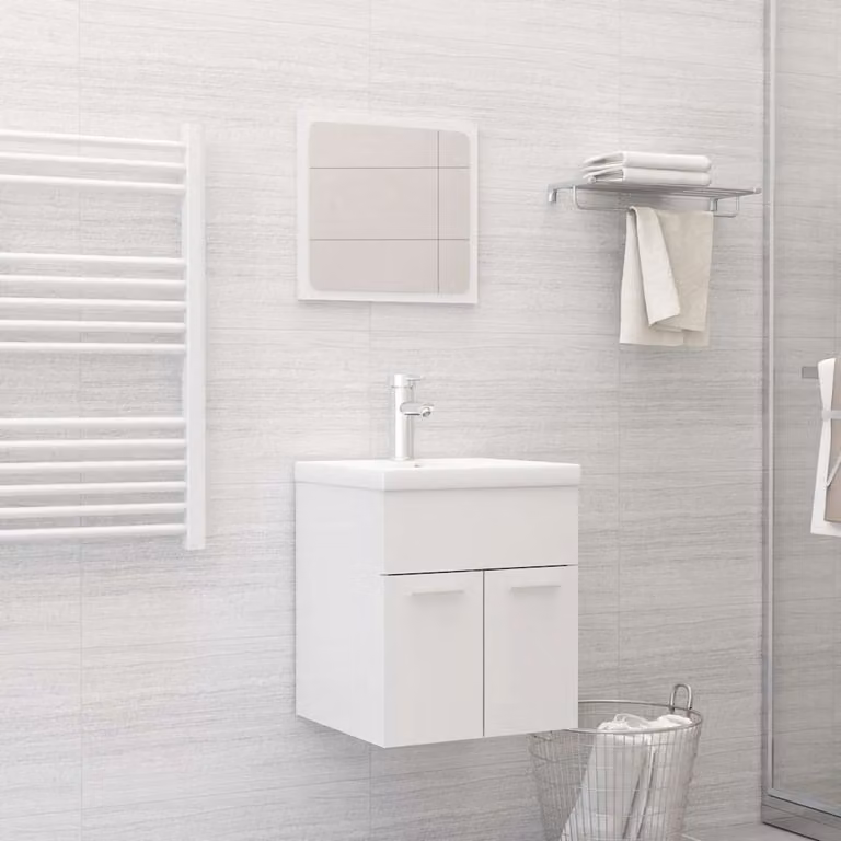 Set Mobili da Bagno vidaXL 2 Pezzi Bianco Lucido in Legno Multistrato con Mobile Lavabo e Armadietto Specchio a Parete