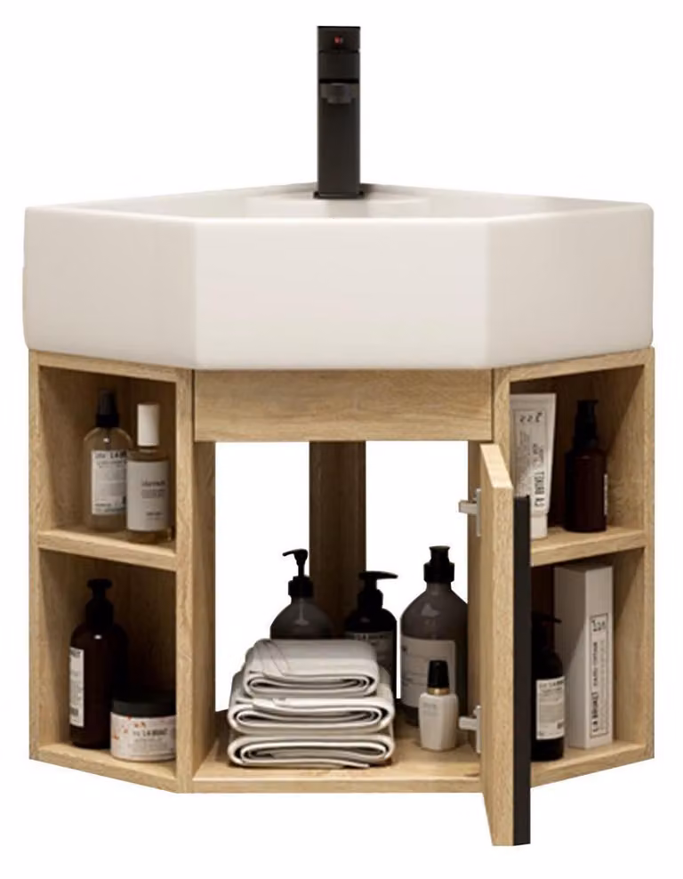 WC per ospiti, lavabo con mobile sottolavabo, lavabo angolare sospeso, 40 cm, in PVC e Vetroceramica, ideale per piccoli bagni