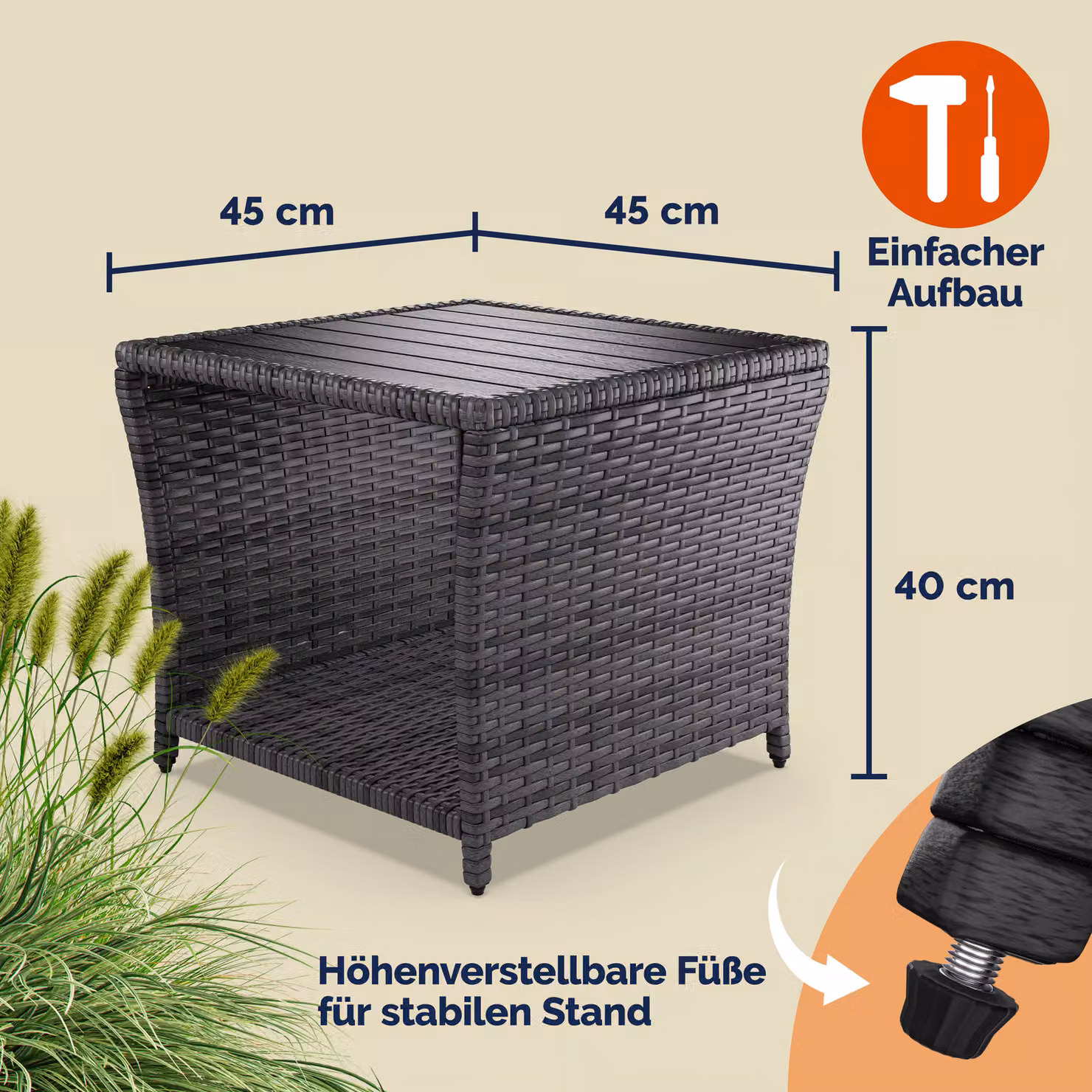 Tavolino da giardino CASARIA in polyrattan grigio con altezza regolabile L/P/H: 45 x 45 x 40 cm – 3
