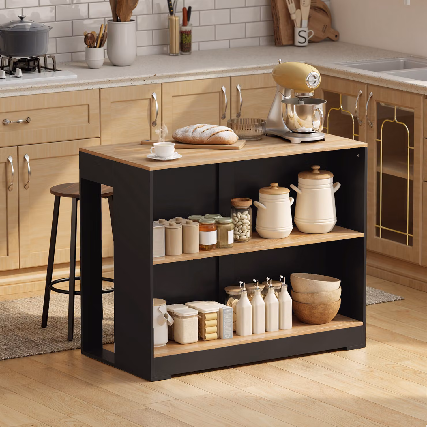 Bancone Bar Isola da Cucina HOMCOM con 3 Ripiani, Nero e Legno, L: 113 cm, P: 60 cm, H: 90 cm – 2