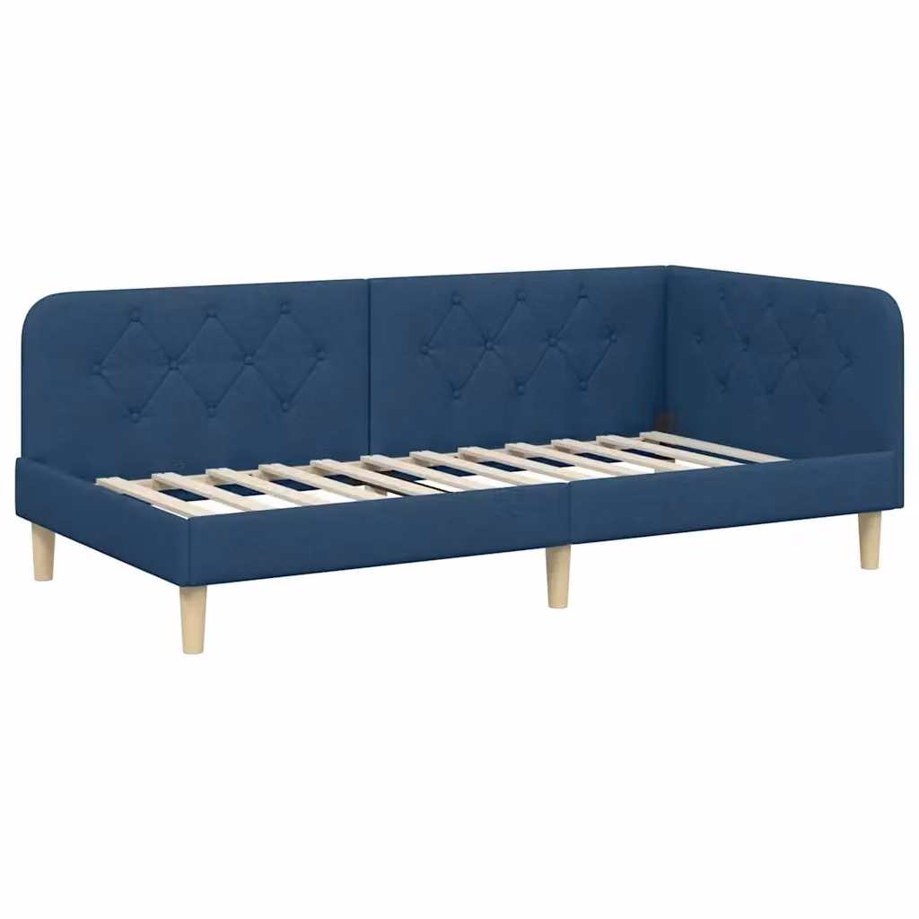 Cornice del letto ad angolo vidaXL in tessuto blu con doghe in legno, L/P/H: 190 x 90 x 72 cm – 2