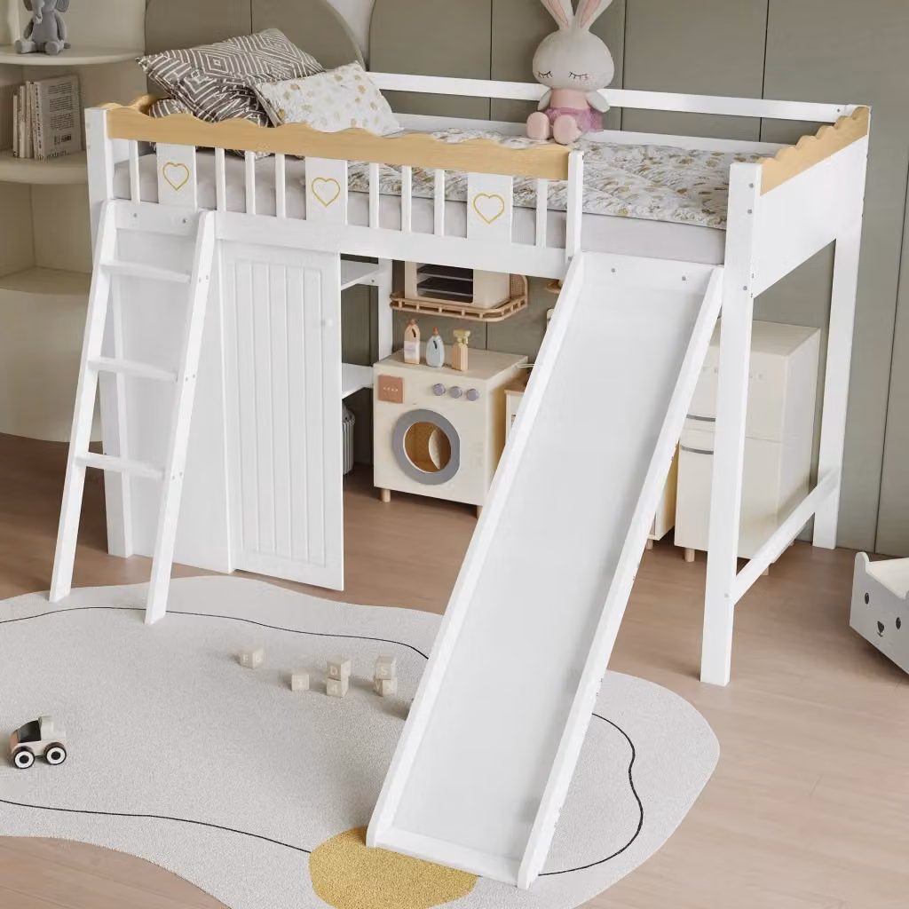 Letto a castello REDOM per bambini con scivolo, armadio e scaletta, Bianco e Naturale, L/P/H: 200 x 90 x 231,5 cm – 2