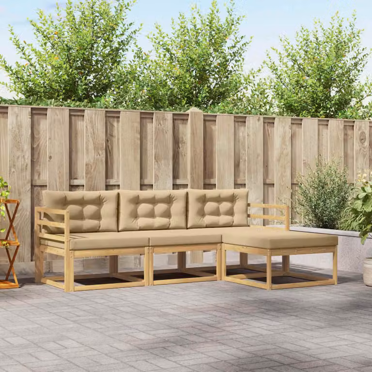 Set di divani da esterno vidaXL a forma di L con pouf, in legno di acacia e tessuto beige e bianco