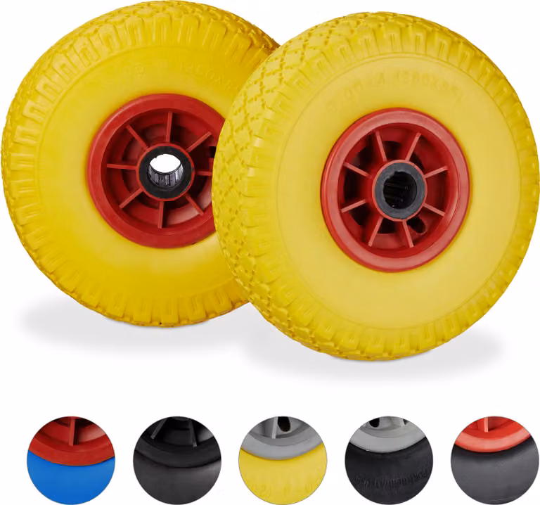 Set di 4 ruote per carrello a mano, pneumatici in gomma piena PU 3.00-4" anti-foratura, asse da 25 mm, portata fino a 80 kg, 260x85 mm, giallo-rosso
