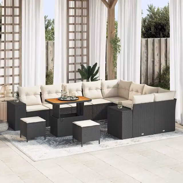 Set Divano da Giardino a Forma di U vidaXL in Polyrattan Nero con Cuscini e Tavolino da Esterno – 1