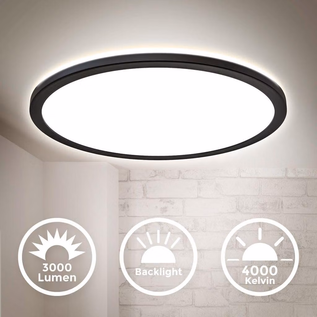 B.K.Licht Plafoniera LED ultra piatta 2,9cm, LED integrati 22W 3000Lm, luce bianca naturale 4000K, Lampada da soffitto con illuminazione indiretta, Ø42cm, contorno nero, retroilluminazione IP20