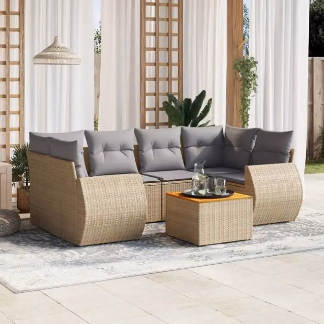 Set Divani da Giardino 7 pz con Cuscini Beige in Polyrattan 3257235