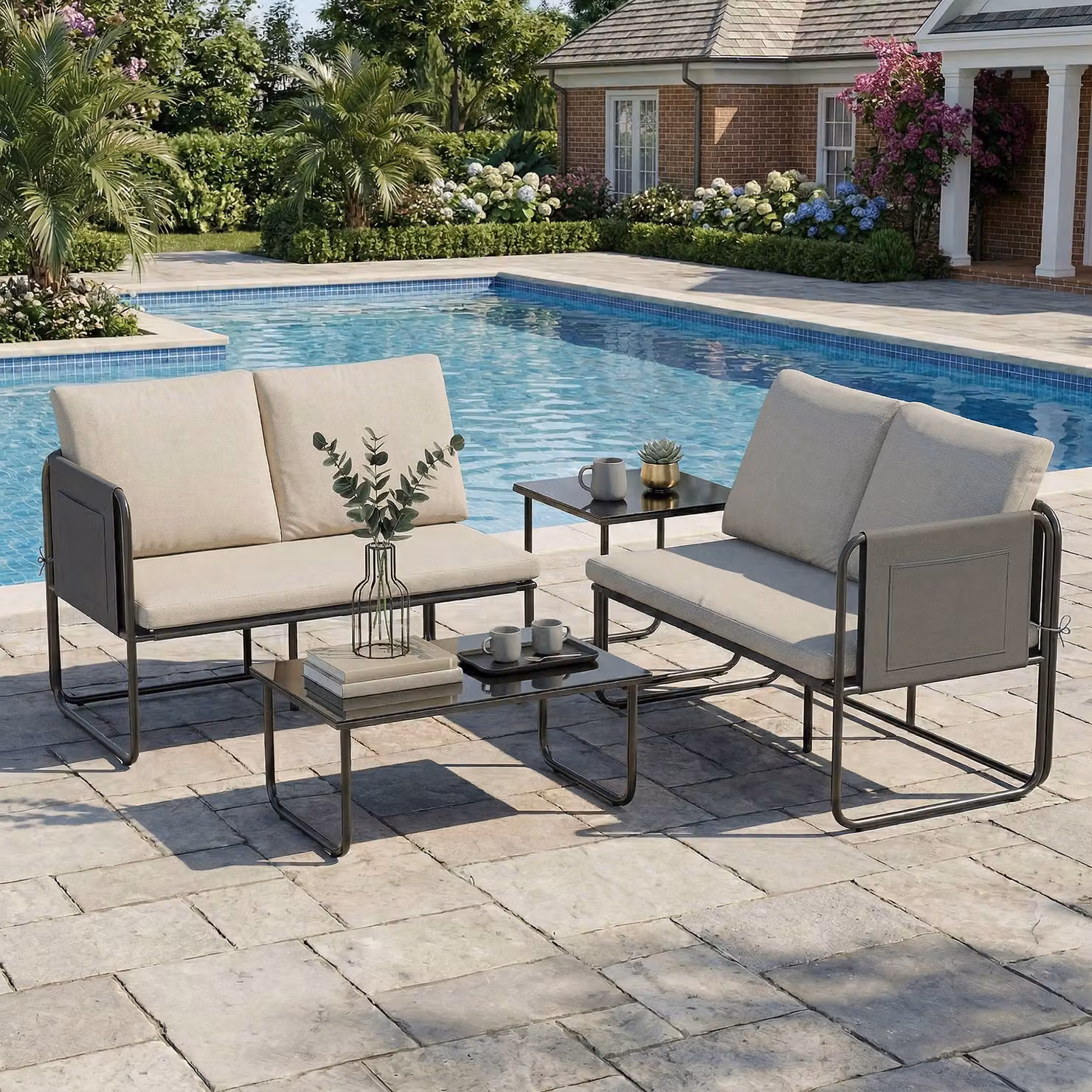 Set da giardino Outsunny composto da 2 divani a 2 posti e 2 tavoli in vetro con cuscini beige e fodere rimovibili color kaki – 2