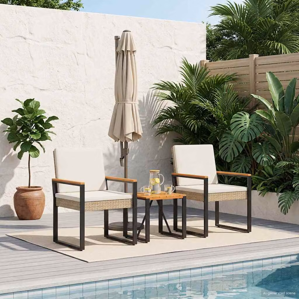 Set di mobili da esterno vidaXL in 3 pezzi in polyrattan con legno di acacia color beige e bianco crema
