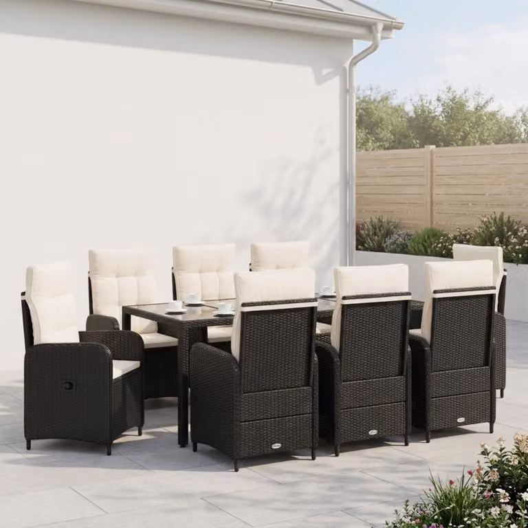 Set da pranzo per esterni vidaXL in polyrattan da 9 pezzi con tavolo rettangolare in vetro, colori nero, bianco e beige