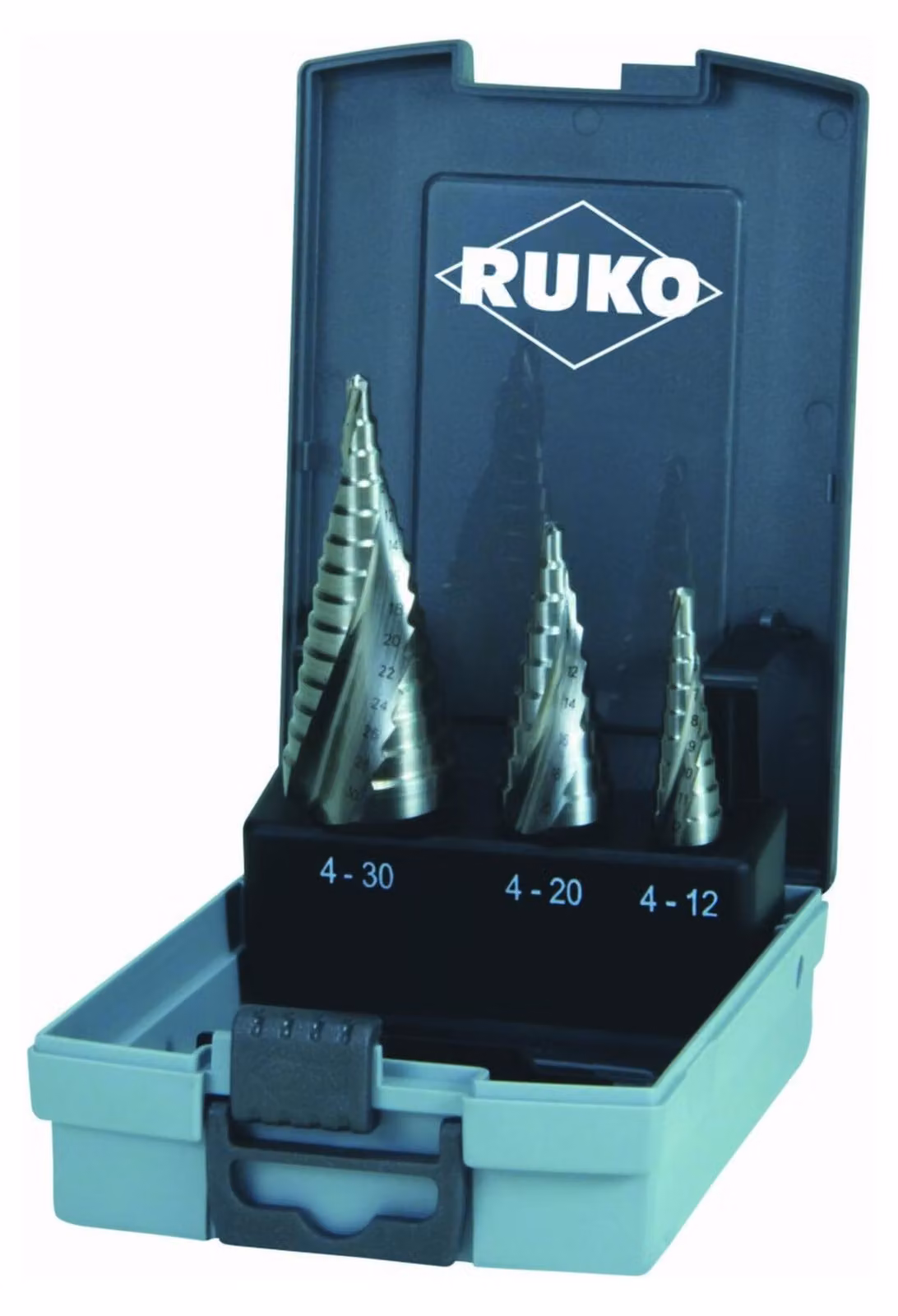 Set di punte da trapano a tazza in HSS Ruko, 3 pezzi, da 4-12/4-20/4-30 mm, confezionato in custodia in plastica
