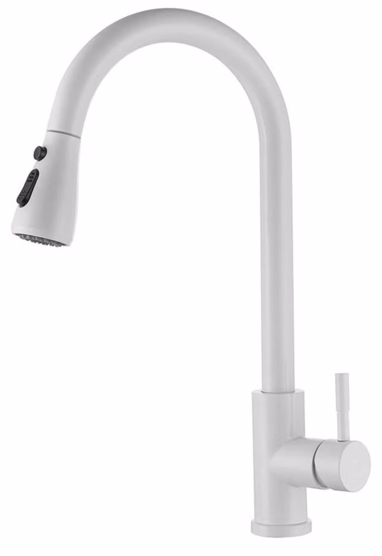 Rubinetto da cucina, colore bianco, estensibile, rotazione a 360°, 2 getti, acciaio inossidabile
